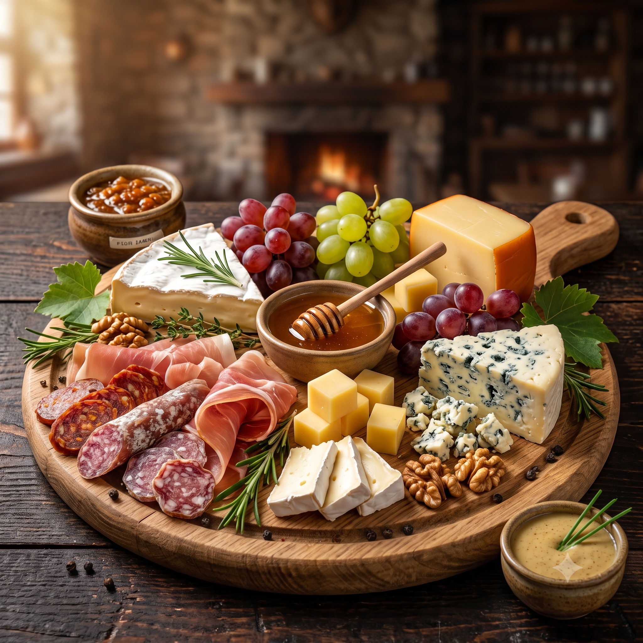 Asortată de cașcavaluri cu prosciutto (prosciutto crudo, Brie, cașcaval rusesc, Dorblu, struguri, miere, miez de nucă)